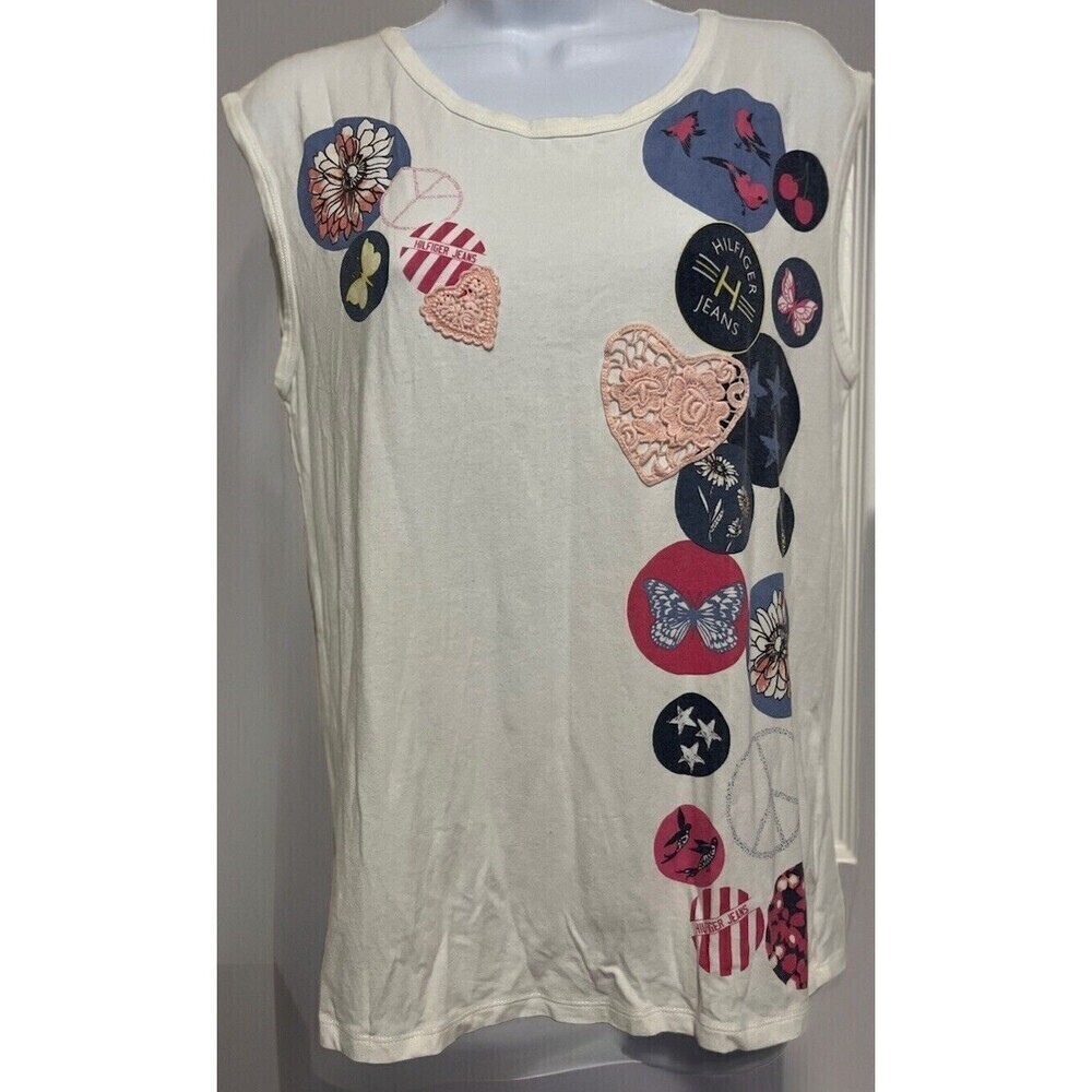 Tommy Hilfiger (Medium) Patchwork Tank top cap sleeve hearts pink White Blue